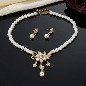Gold Plated Pearl Flower Necklace and Earrings Set for Fashionable Ladies Bridal Wedding Jewelry Set