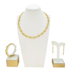 Gold Plated Puffed Mariner Chain Jewelry Set 3 Piece Coffee Bean Necklace Bracelet & Earrings for Women