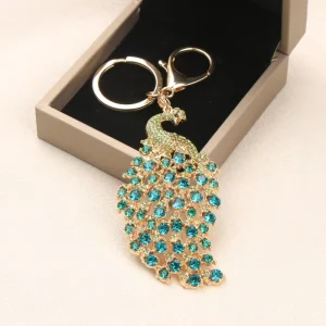 Gold Plated Rhinestone Peacock Keychain Crystal Bird Bag Charm Key Ring