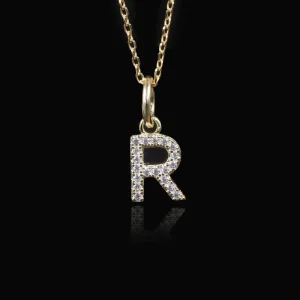 Gold Plated S925 Sterling Silver Punk Moissanite-Inlaid 26-Letter English Alphabet R Pendant Necklace Cable Chain