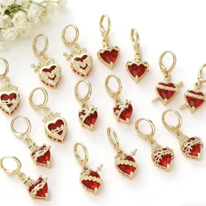 Gold Plated Sacred Heart Hoop Earrings Red CZ Thorn Flame Cross Dangles Gothic Vintage Religious Jewelry Women Party Prayer Gift
