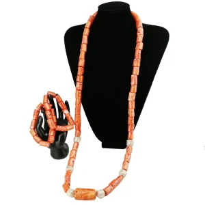 Gold Plated Saudi Arabian Design Natural Coral Bead Long Necklace Bracelet Set Suitable for Weddings YL133