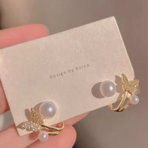 Gold Plated Silver Needle Zircon Butterfly Pearl Double Earrings Jewelry for Women