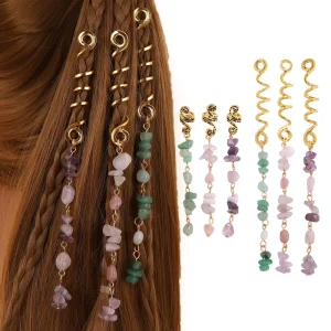 Gold Plated Spiral Hair Coil Clips Irregular Natural Stone Chip Tassel Dreadlock Hair Pins Bohemian Braided Hair Accessories
