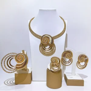 Gold Plated Spiral Jewelry Set Dubai Style African Women Wedding Bridal 4Pcs Full Set Unique Accessory X00163