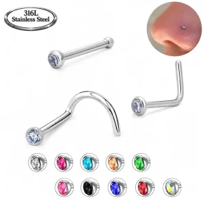 Gold Plated Stainless Steel 20g L shaped S shaped I shaped Nose Ring & Nail 1.5-3mm Zircon Body Jewelry for Men Women