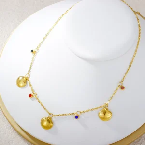 Gold Plated Stainless Steel 316L Bohemian Starfish Scallop Pendant Necklace Bracelet Set Diamond Zircon Crystal Unisex