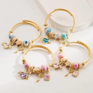 Gold Plated Stainless Steel Crystal Angel Pendant Charm Bracelet Large Hole Beads Key Heart DIY Charm Bracelet for Girl