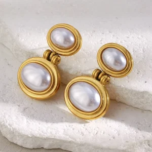 Gold Plated Stainless Steel Double Layer Pearl Earrings