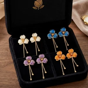 Gold Plated Stainless Steel Enamel Colorful Flower Dangle Earrings Long Chain Tassel Fashion Women Jewelry Party Gift