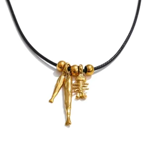 Gold Plated Stainless Steel Fish Charm Necklace Rustic Black Leather Cord Long Pendant Necklace for Women