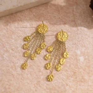 Gold Plated Stainless Steel Hammer Texture Geometric Round Disc Tassel Drop Earrings for Women Trendy Party Jewelry