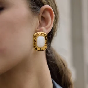 Gold Plated Stainless Steel Hammered Rectangle Stud Earrings Inlaid White Marble Resin Chunky Square Statement Earrings E1252