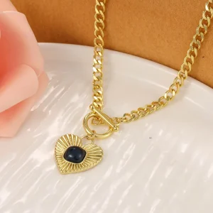 Gold Plated Stainless Steel Heart Pendant Necklace Women Jewelry T Bar Clasp Chunky Chain