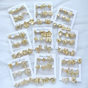 Gold Plated Stainless Steel Heart Shaped Shell Starfish Stud Earrings 5 Piece Set Waterproof Hypoallergenic