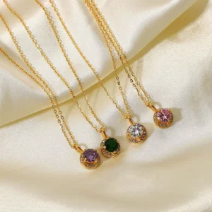 Gold Plated Stainless Steel Link Chain Necklace with Zircon Pendants for Women