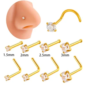 Gold Plated Stainless Steel Nose Studs Cubic Zirconia Screw L Shape Straight Body Piercing Women Jewelry Fashion