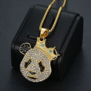 Gold Plated Stainless Steel Panda Crown Pendant Necklace with Rhinestone Hip Hop Cartoon Jewelry Ready Stock for Online Sellers