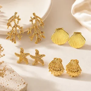 Gold Plated Stainless Steel Plant Design Leaf Coralline Starfish Spiral Stud Earrings for Women