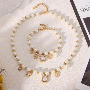Gold-Plated Stainless Steel Retro Jewelry Set Geometric Pearl Gemstone Bracelet Necklace Zircon for Weddings