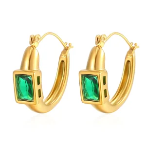 Gold Plated Stainless Steel Shining Square Crystal Zirconia U shaped Earrings Women’s Exquisite Geometric Design
