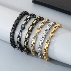 Gold Plated Stainless Steel Single Piece Imperial Chain Link Charm Bracelet Unisex Byzantine Style Geometric