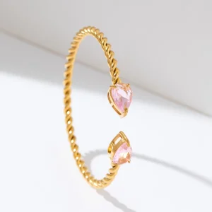 Gold Plated Stainless Steel Twisted Rope Pink Zircon Teardrop Cuff Bangle Waterproof Minimalist Jewelry for Women