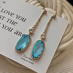 Gold Plated Statement Brass Zircon Earrings Fashion Long Crystal Dangle Earrings for Women