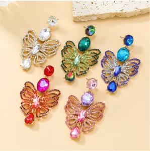 Gold Plated Statement Colorful Rhinestone Drop Earrings Hollow Butterfly Crystal Earrings Gifts