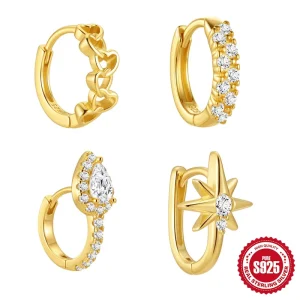 Gold-Plated Sterling Silver Earrings Set Heart Star Bow Teardrop Cubic Zirconia Hoop Earrings
