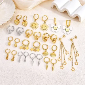 Gold Plated Sun Heart Star Butterfly Dangle Earring Stainless Steel Women Fashion Jewelry Drop Hoop Earrings