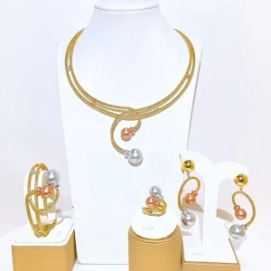 Gold Plated Three Tone Jewelry Set Wedding Set Necklace Earrings Bangle Ring