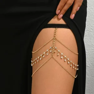 Gold Plated Tin Alloy Rhinestone Crystal Thigh Body Chain for Women Wedding Daily Fashion & Gift