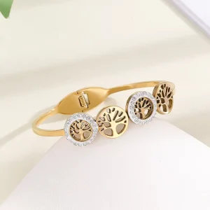 Gold Plated Titanium Steel Tree of Life Bangle Bracelet with White Zircon Trim Waterdrop Design Fashion Jewelry for Women