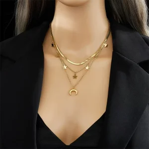 Gold Plated Titanium Steel Vintage Multi Layer Wear Chain Butterfly Pearl Engraved Round Necklace for Women