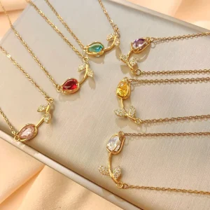 Gold Plated Tulip Necklace Colorful Zircon Flower Pendant Necklace Dainty Summer Jewelry for Women