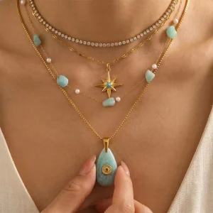 Gold Plated Turquoise Layered Pendant Necklace for Women Stainless Steel Beach Vacation Eight Point Star Water Drop Geometric