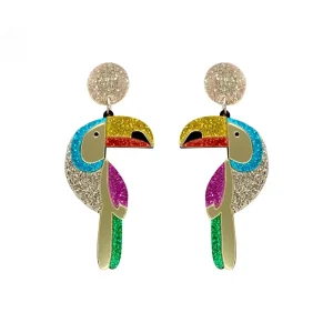 Gold Plated Unique Parrot Glitter Acrylic Resin Bohemia Style Statement Earrings 316L Stainless Steel Hooks Women Party Wedding
