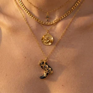 Gold Plated Western Layered Necklace for Women Stainless Steel Vintage Cross Pendant Cuban Chain Round Coin Cowboy Boot Collar