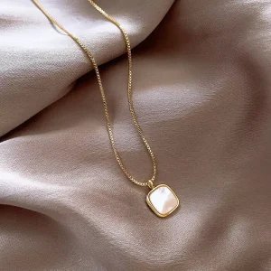 Gold-Plated White Shell Square Pendant Necklace 316L Stainless Steel Box Snake Chain