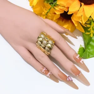 Gold Plated Woven Textured Wide Band Ring Luxury Braided Matte Shiny Contrast Statement Finger Ring Elegant Hip Hop Jewelry