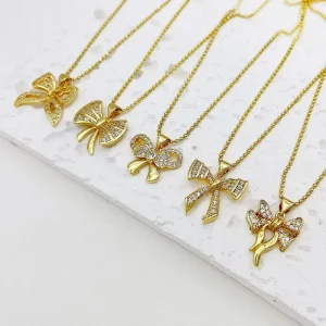 Gold Plated Zircon Bow Necklace for Women