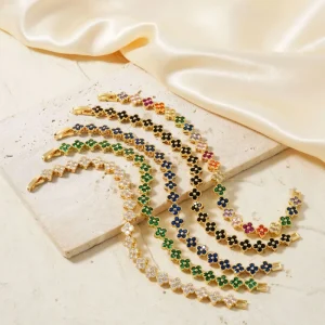 Gold Plated Zircon Clover Bracelet Lucky Flower Multicolor Tennis Style Four Leaf Clover Bracelet