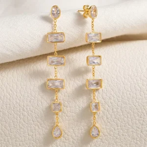 Gold Plated clear Cz Multi Shape Long Drop Chain Tassel Dangle Earrings Hypoallergenic Stainless Steel Fashion Jewelry for Women