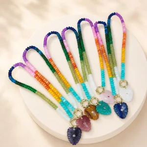 Gold Plating Openable Clasp Necklace Rainbow Abacus Beads Natural Gemstone Heart Pendant Stone Beaded Choker Jewelry for Women