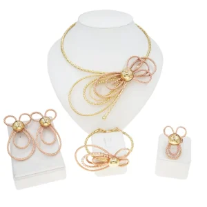 Gold & Rose Gold Twisted Wire Jewelry Set Bow Necklace Bracelet Earrings Ring Statement Jewelry