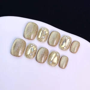 Gold Shimmer Cat Eye Inlaid Irregular Rhinestone Short Nails 100% Handmade Press On Nails