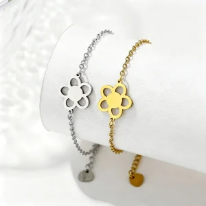Gold Silver 304 Stainless Steel Flower Bracelet Cute Daisy Floral Hollow Out Open Outline for Unisex Men Women Jewelry