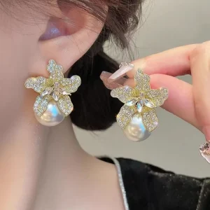 Gold Silver Color Flower Pearl Pendant Earrings, Diamond Pearl Earrings