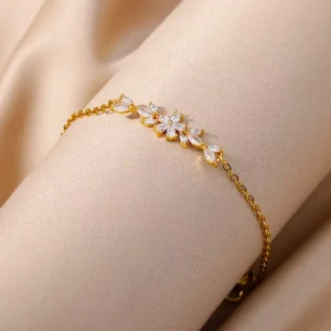 Gold Silver Color Plated Flower Link Bracelets Marquise CZ Leaf Charm Adjustable Slim Cable Strand Jewelry for Elegant Women